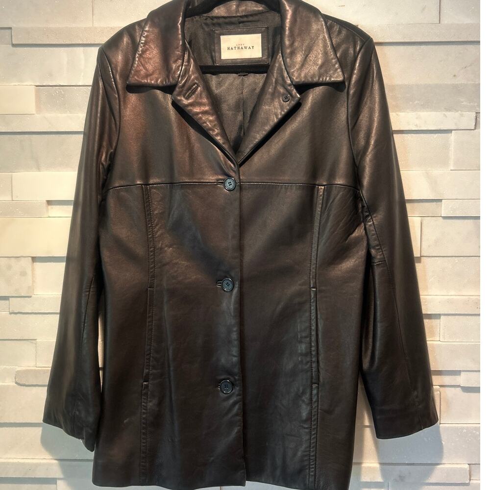 LADY HATHAWAY 90's Vintage Genuine Leather Lined Trench Coat Jacket Black L Y2k
